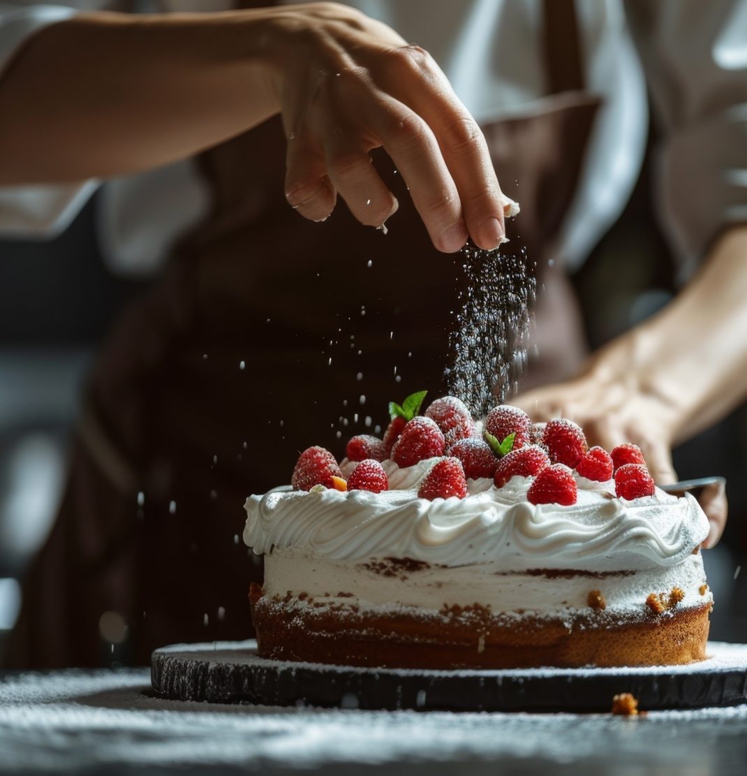 Pastry chef finishing a cake